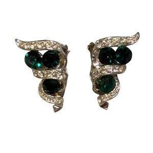 Vintage Lisner Signed Clip-On Earrings Green & clear Rhinestone Silver tone